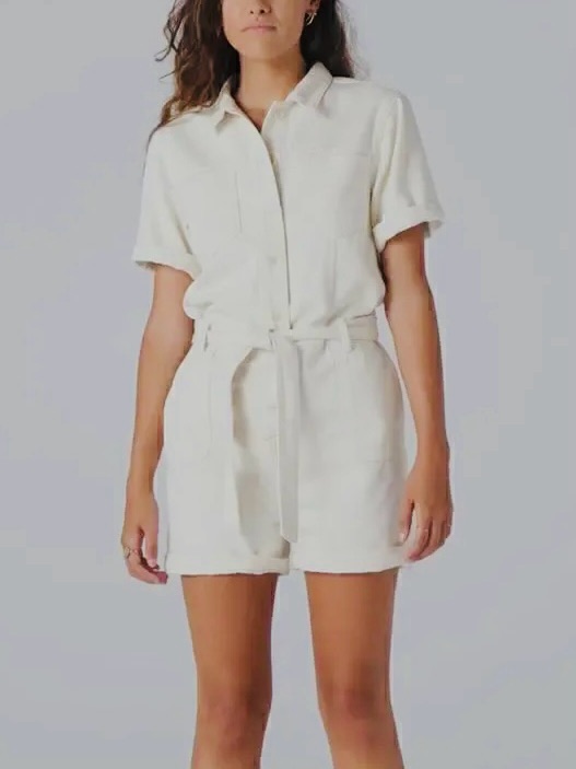 Triarchy Ivory Off White Denim Collard Belted Utility Jean Shorts Preppy Romper